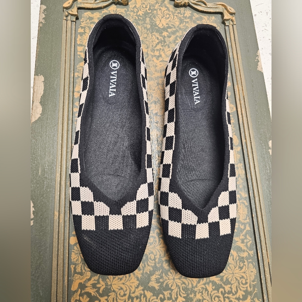 NEW Vivaia Margot 2.0 Blck & Cream Checkered Flat 38.5 8 - 8.5